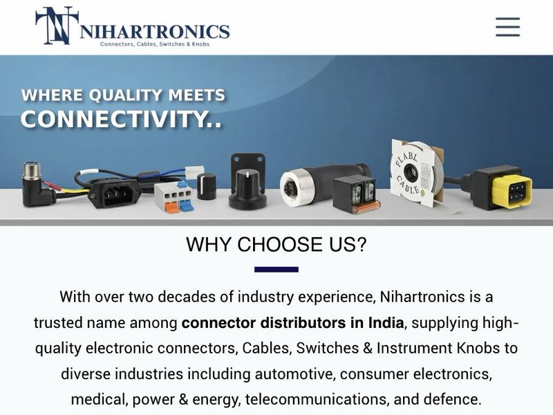 Nihartronics website homepage, an electronic connector and cable distributor